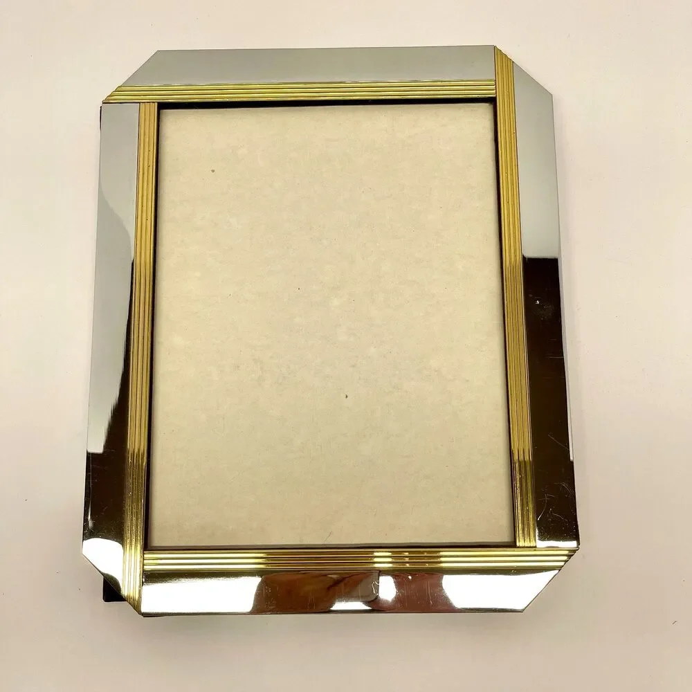 Art Deco Style Chrome & Gold Ribbed 8x10 Picture Frame Heavy Tabletop-Vintage